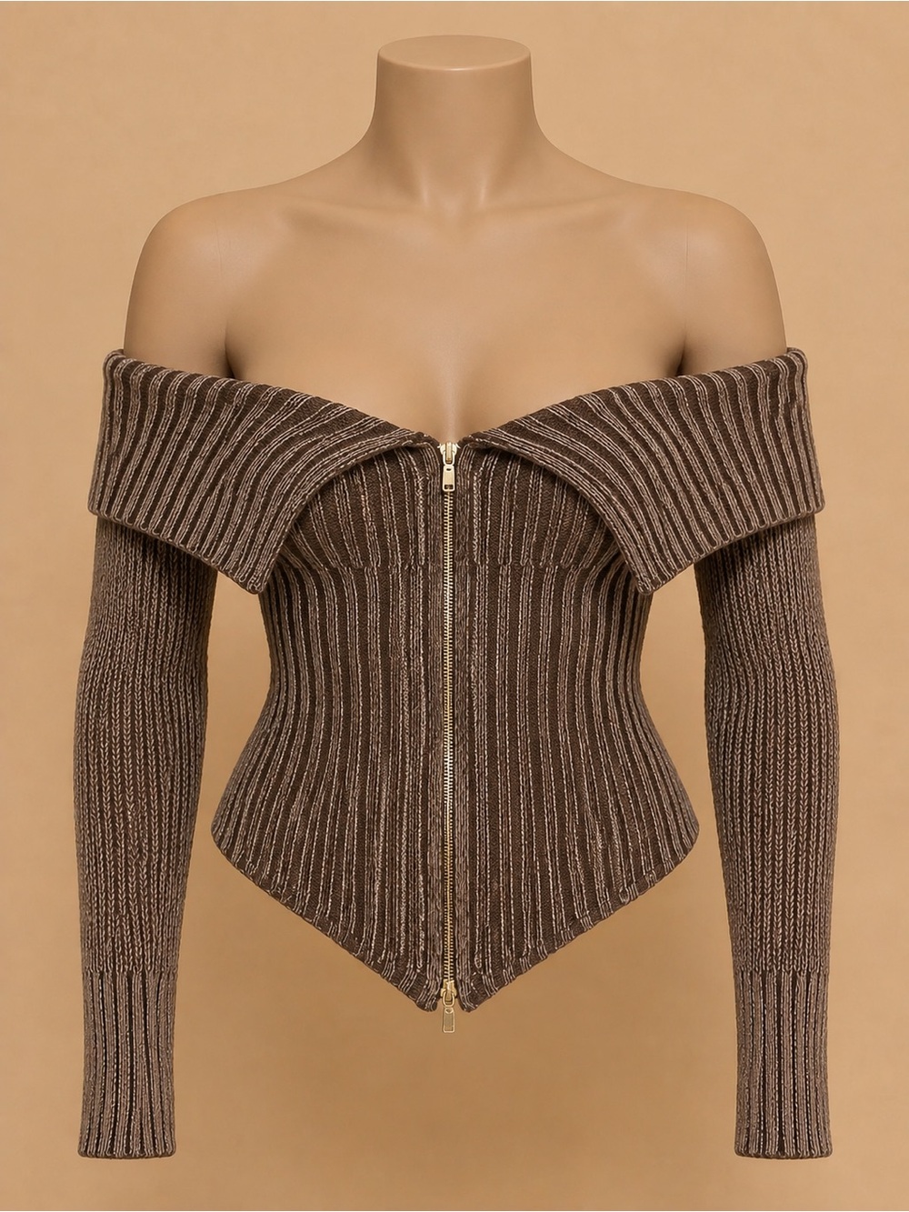 Fashion Nova Double Zipper Rib-Knit Brown Crop Sweater NWT 1X 🤎🧡